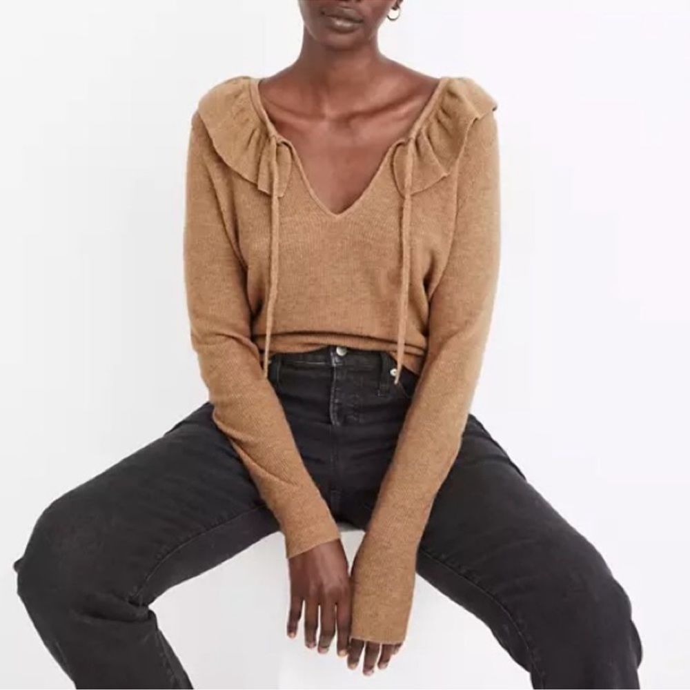 Madewell Camel Ruffle-Trim V-Neck Sweater